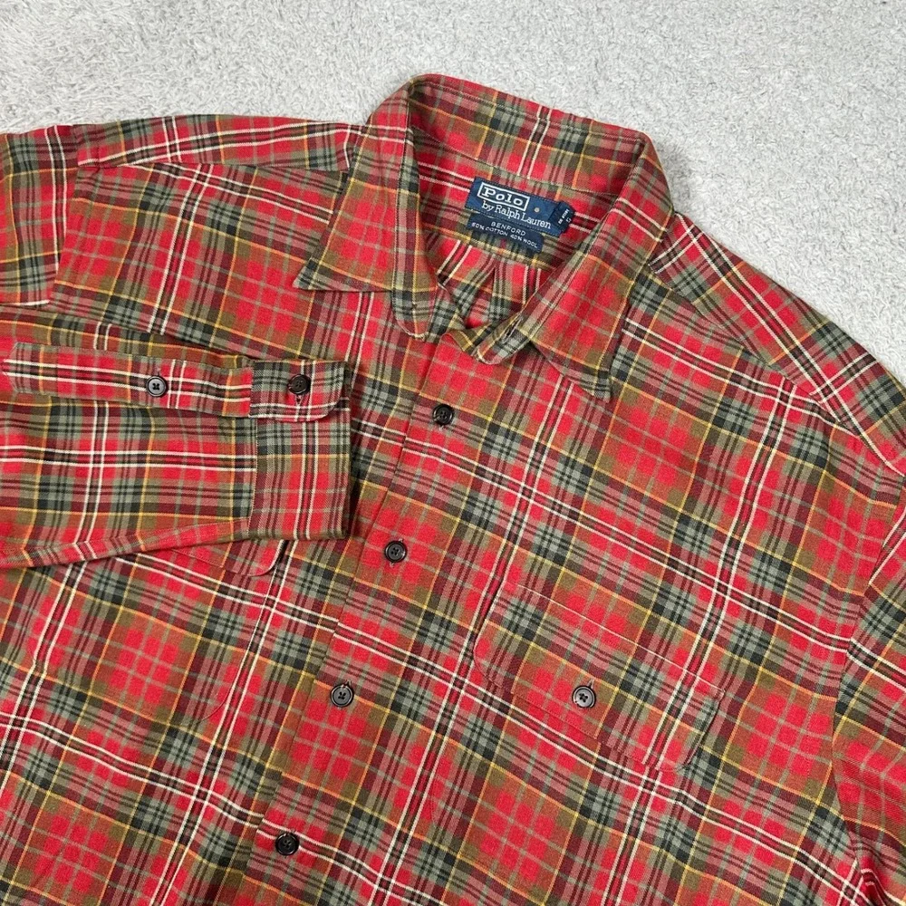Vintage Polo Ralph Lauren Benford Mens L Red Plaid Cotton Wool Button Down Shirt